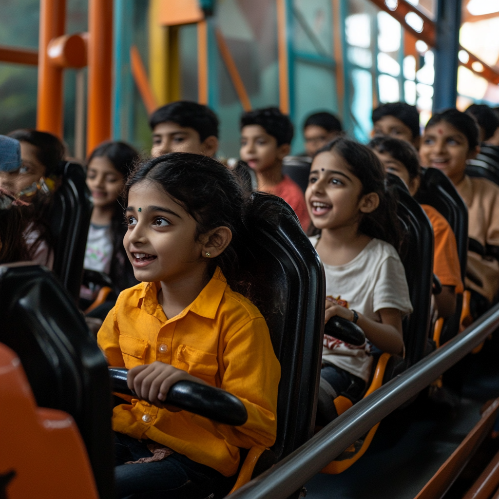 Indian kids enjoy roller coaster ride with empty seat.