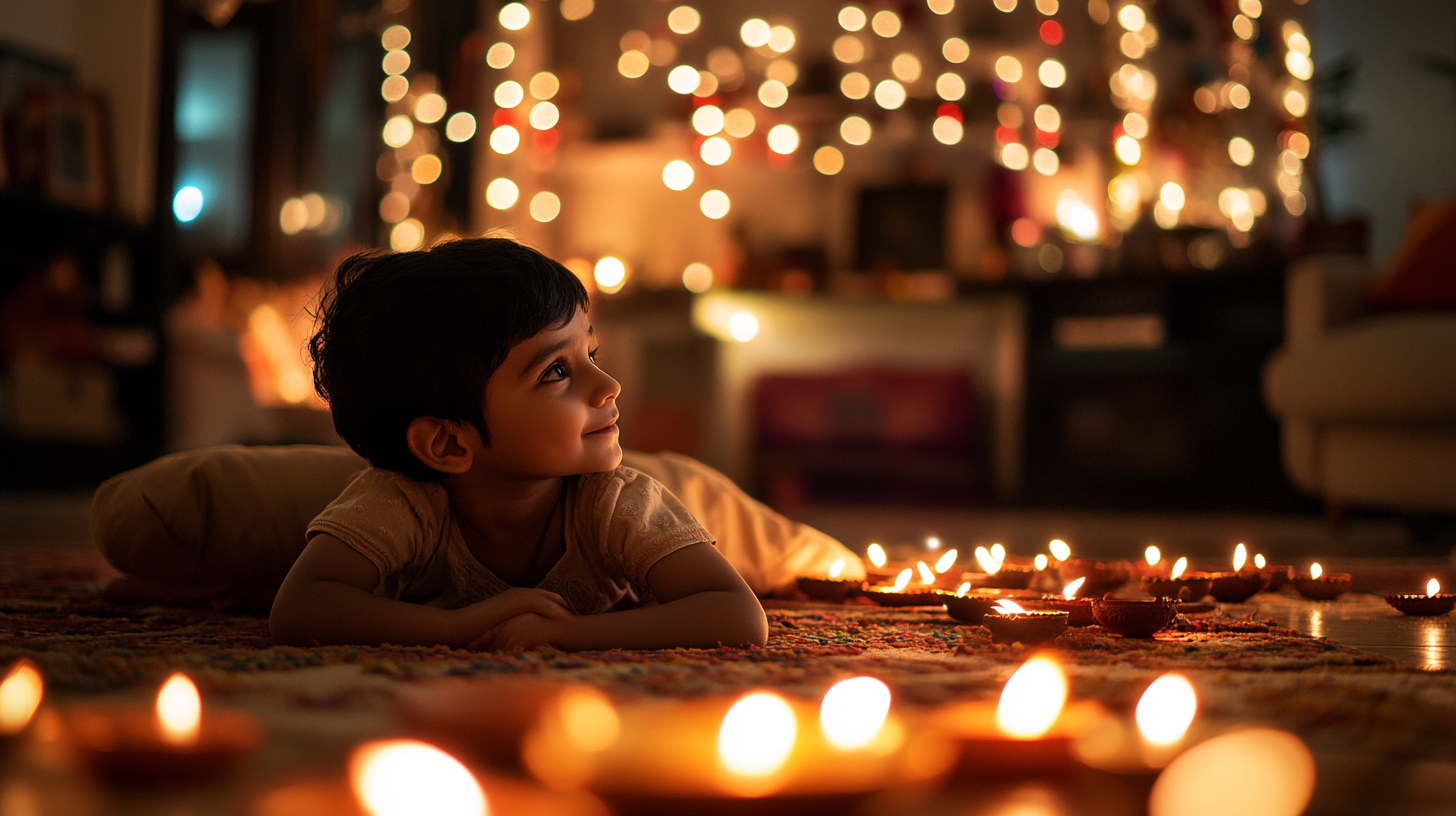 Indian siblings celebrate Diwali in beautifully decorated living room