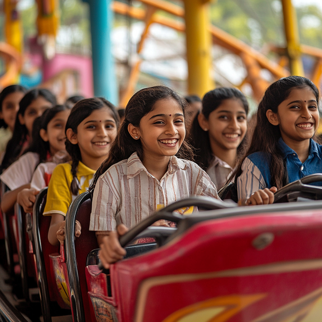 Indian students enjoy roller coaster ride with empty seat.