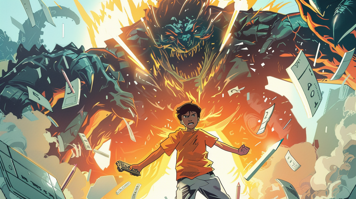 Indian teen hero battling giant SAT monster with controller sword.