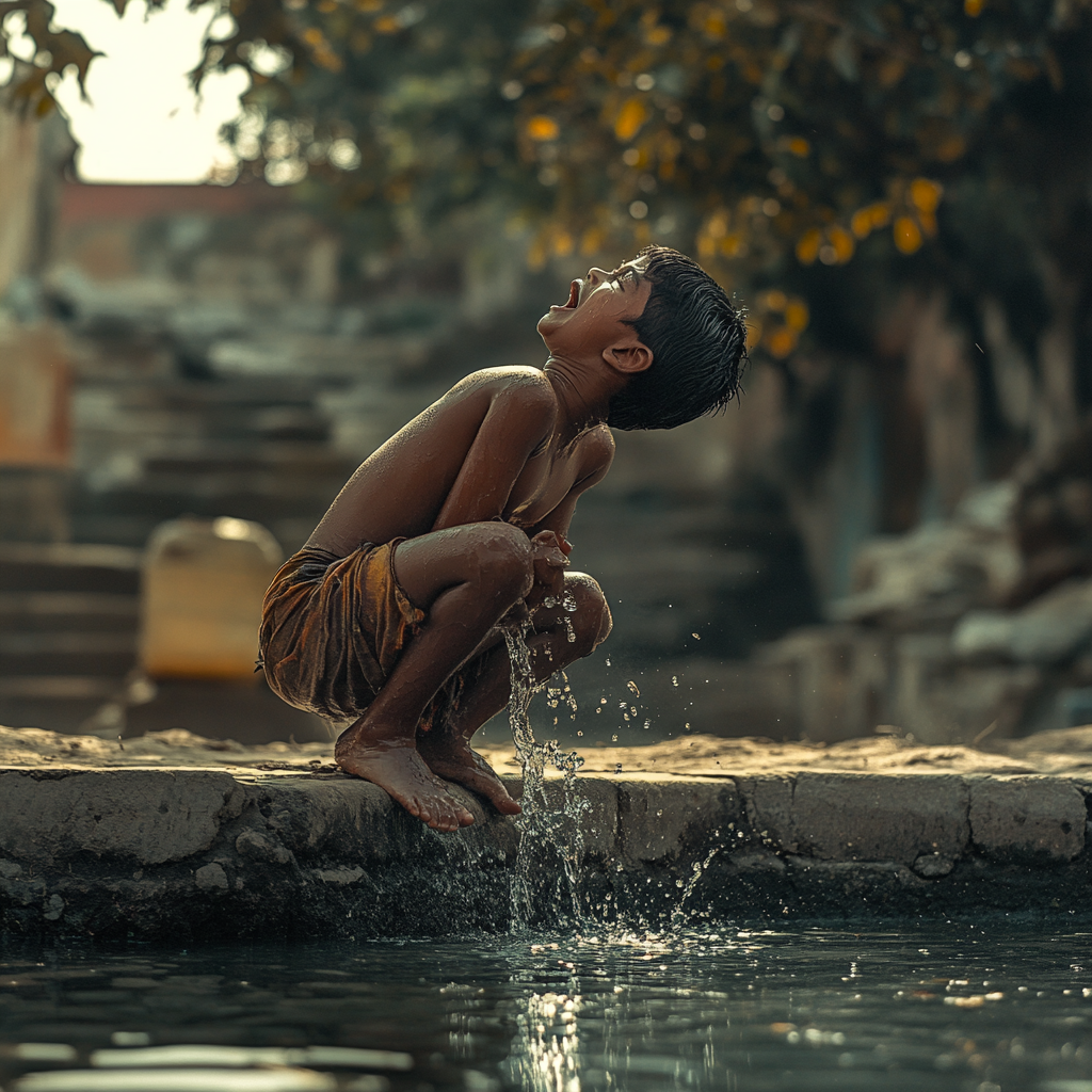 Indian village boy falling in pond, scared, screaming