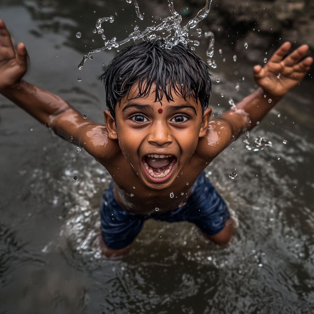 Indian village boy falls in pond, cinematic expression captured with Sony a7R4 camera