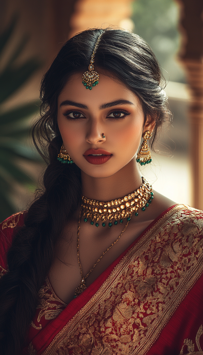 Indian woman in red silk saree with gold jewelry