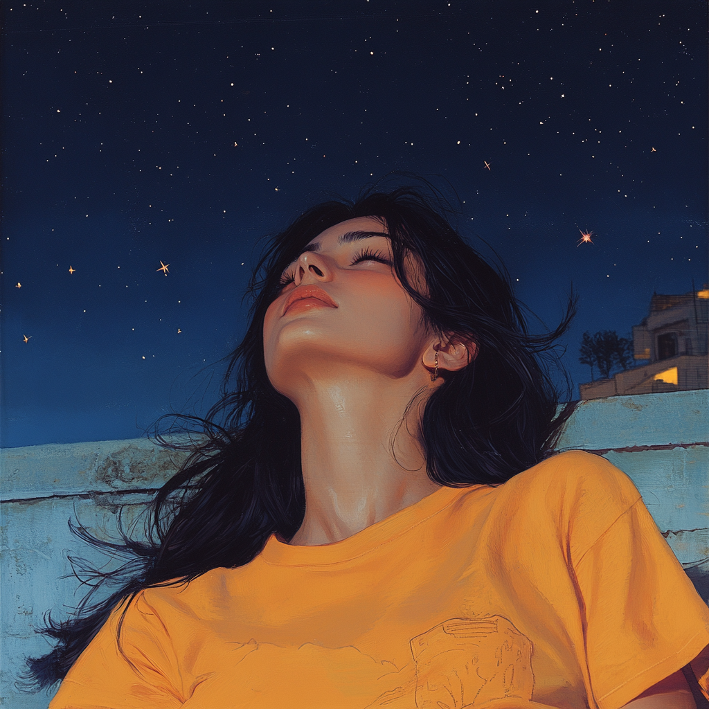 Indian woman on roof, staring at night sky.