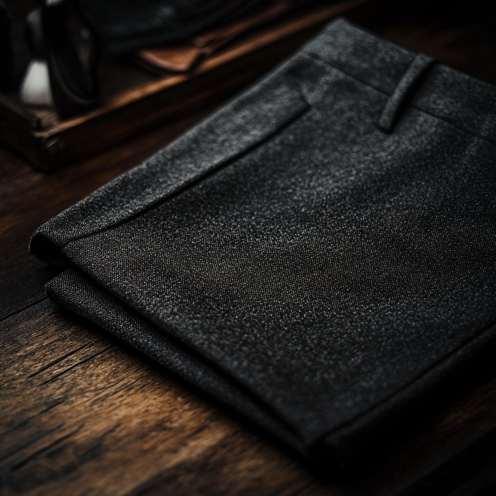 Indie photo of grey chino trousers on polished wood.