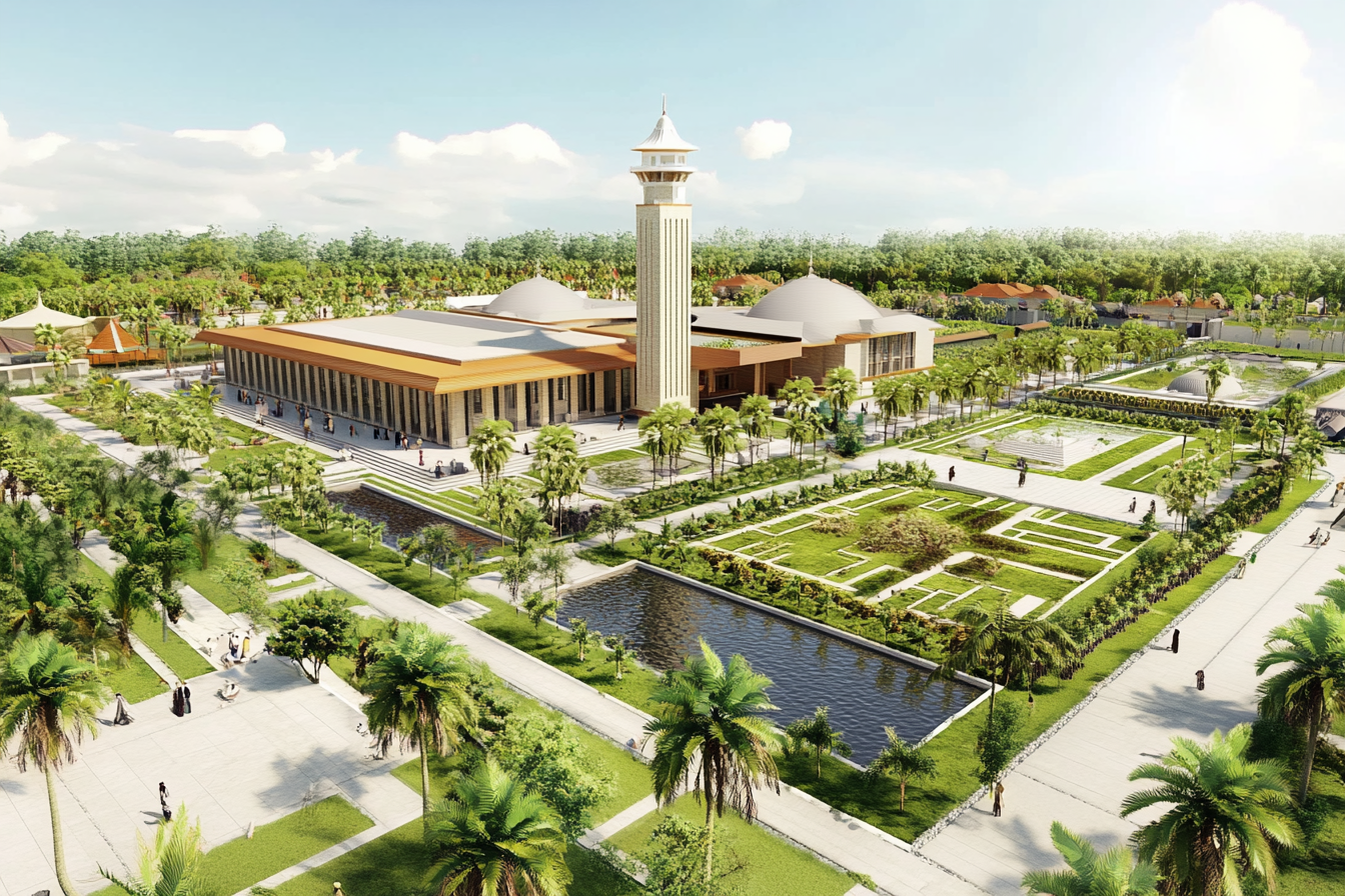 Indonesian concept Grand Mosque with organic pond view.