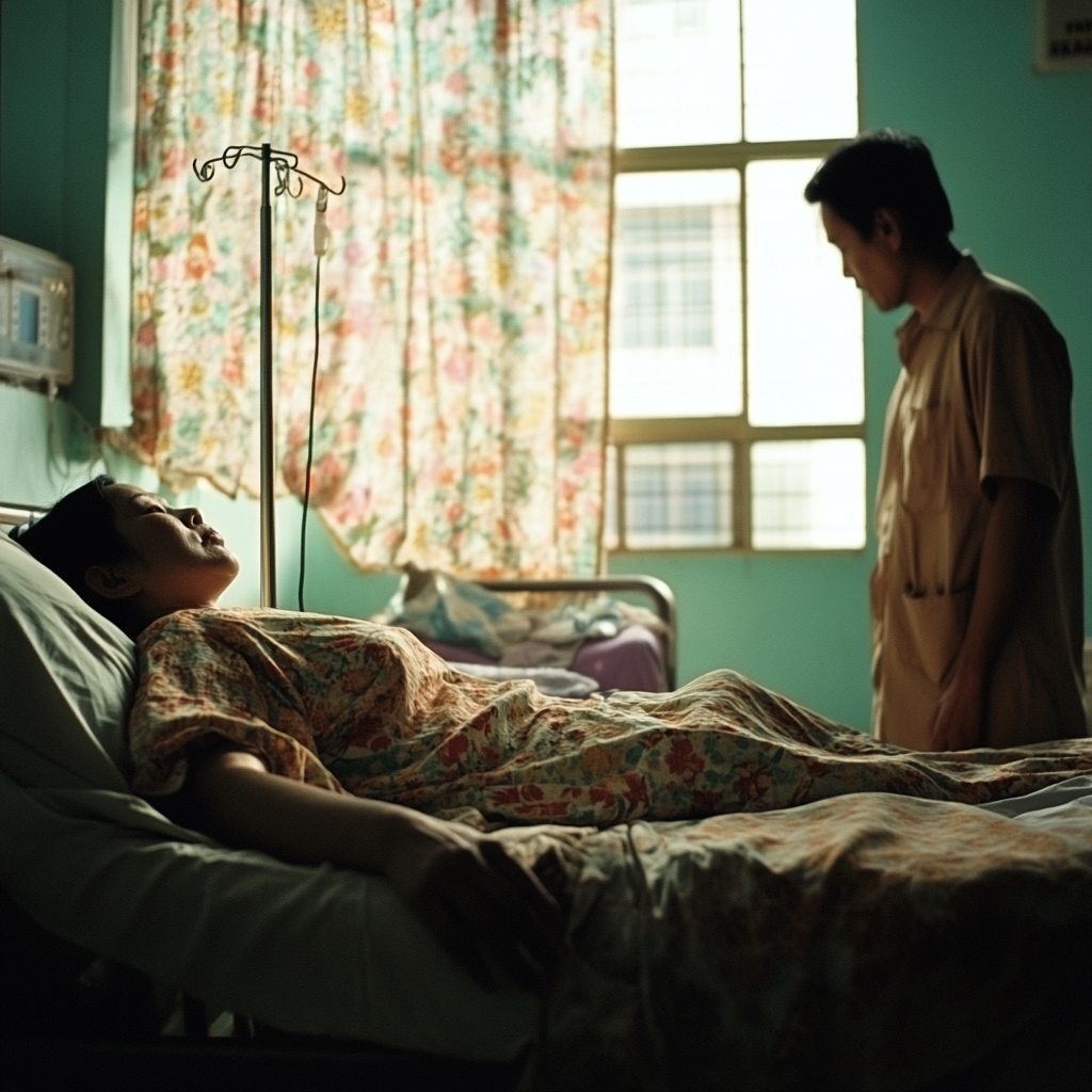 Indonesian lady lying in hospital bed reaching arm skyward.