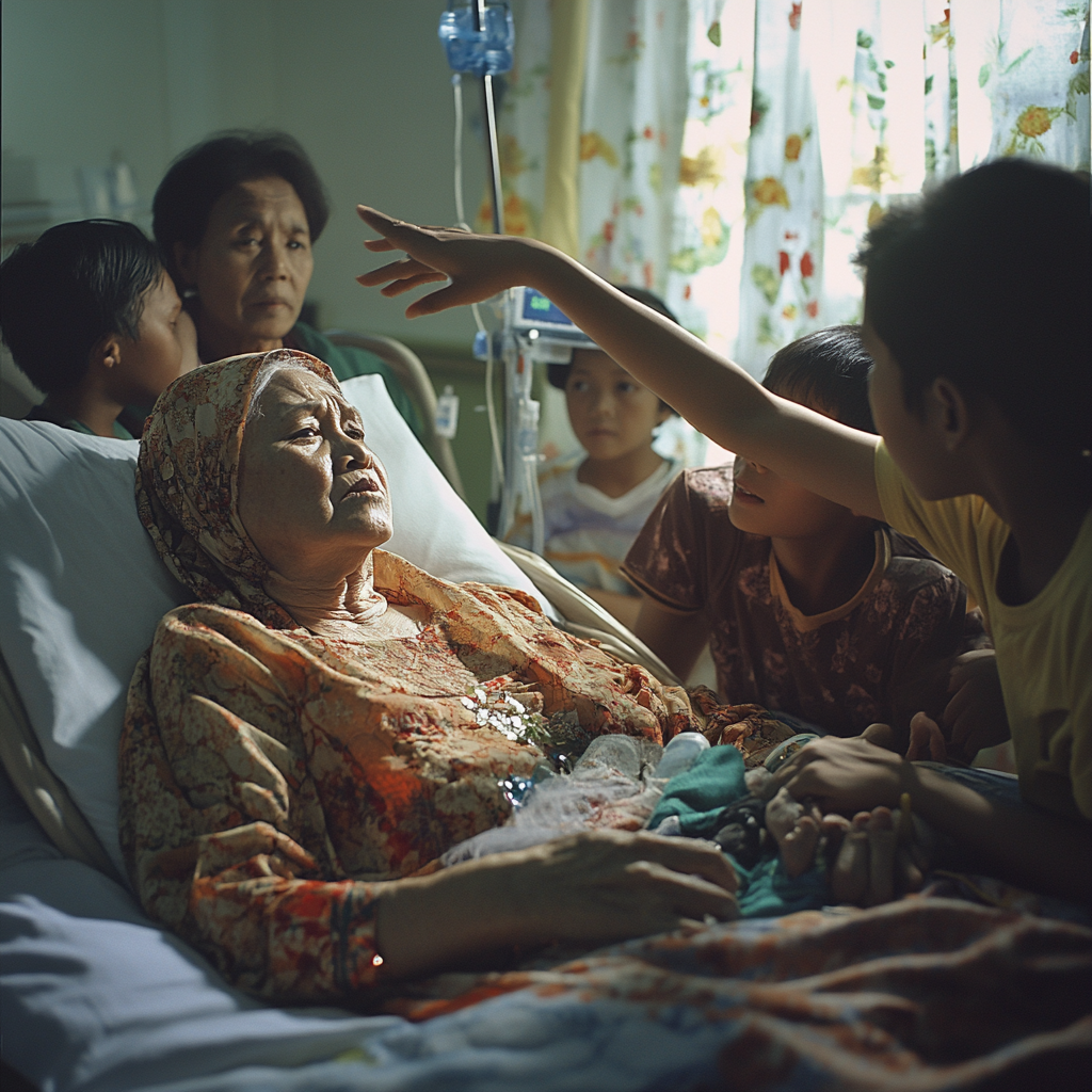 Indonesian lady on deathbed reaches out to sky.