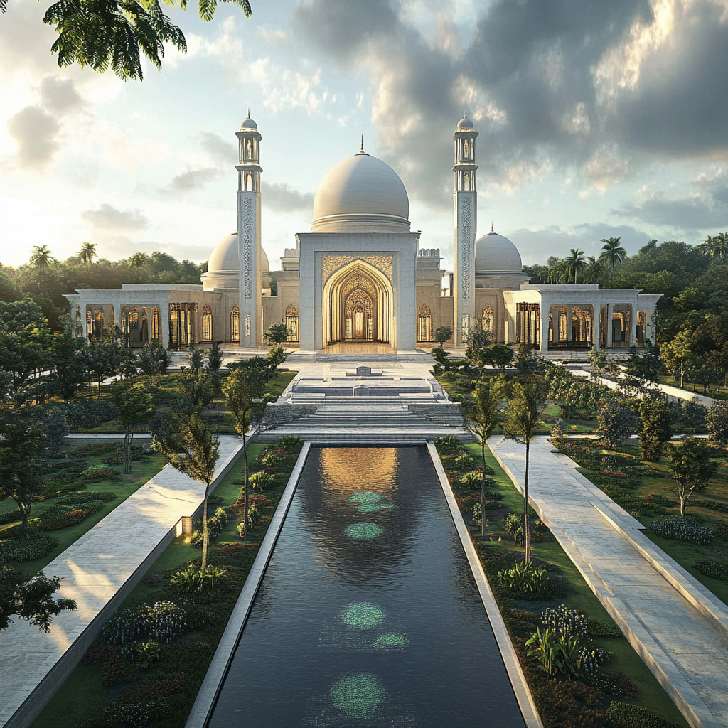 Indonesian mosque with pond and sea wave adaptation concept.