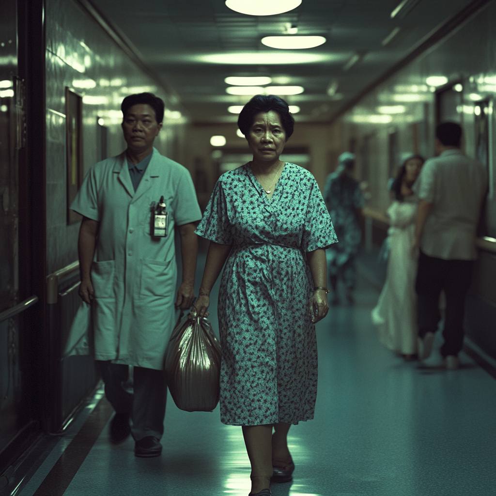 Indonesian parents walking in hospital hallway, in Harlem, 1987.