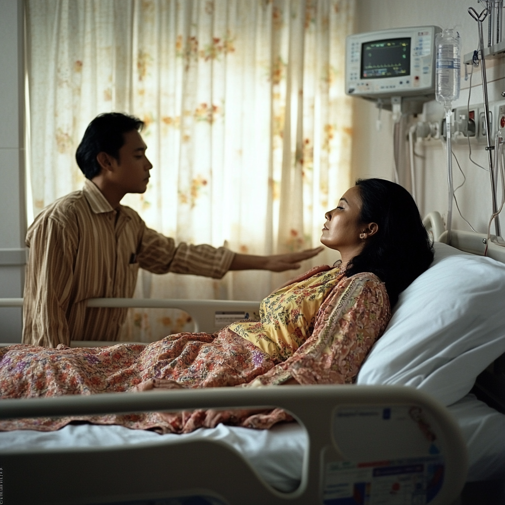 Indonesian woman reaching towards sky on deathbed with husband