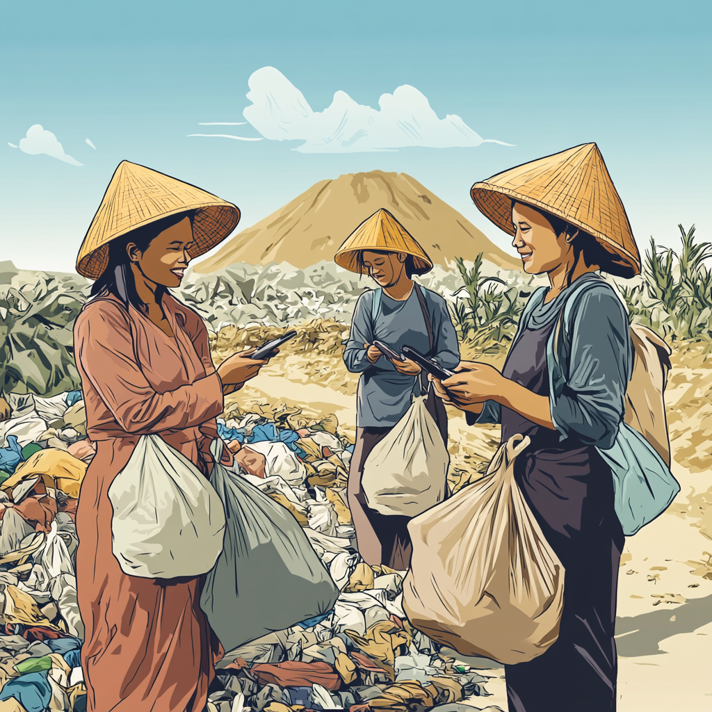 Indonesian women collect recyclables with traditional round hats.