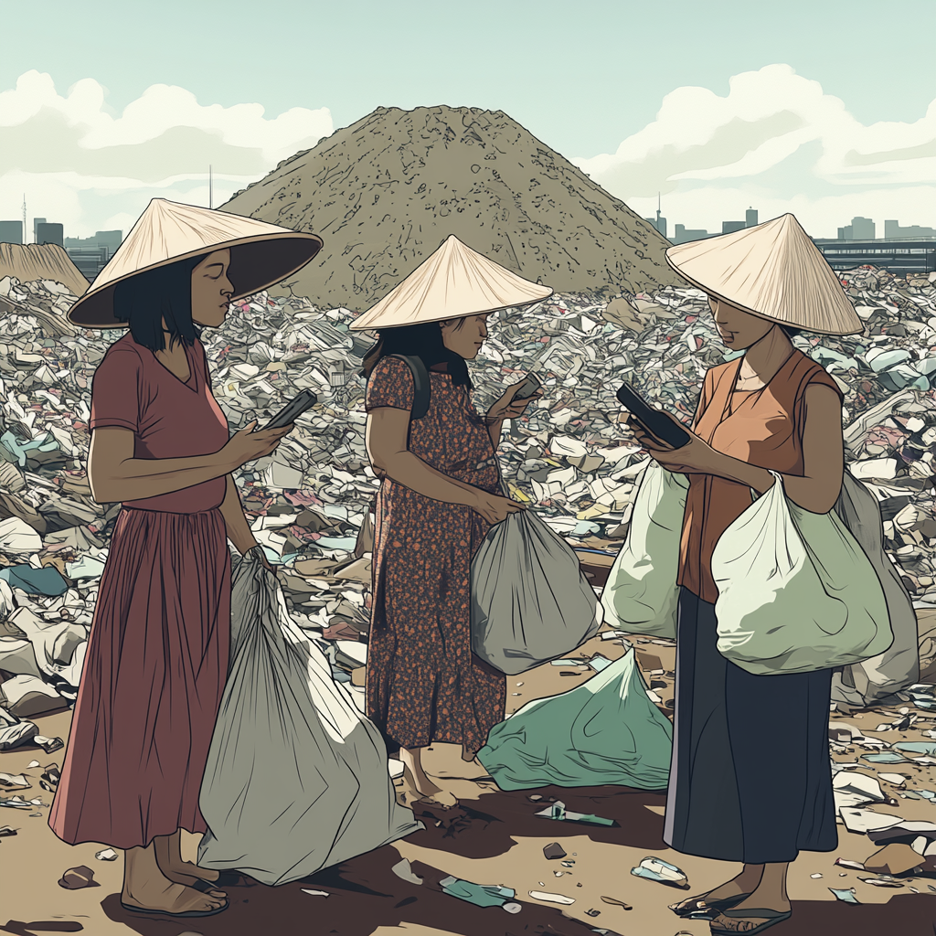 Indonesian women in hats holding bags near landfill.