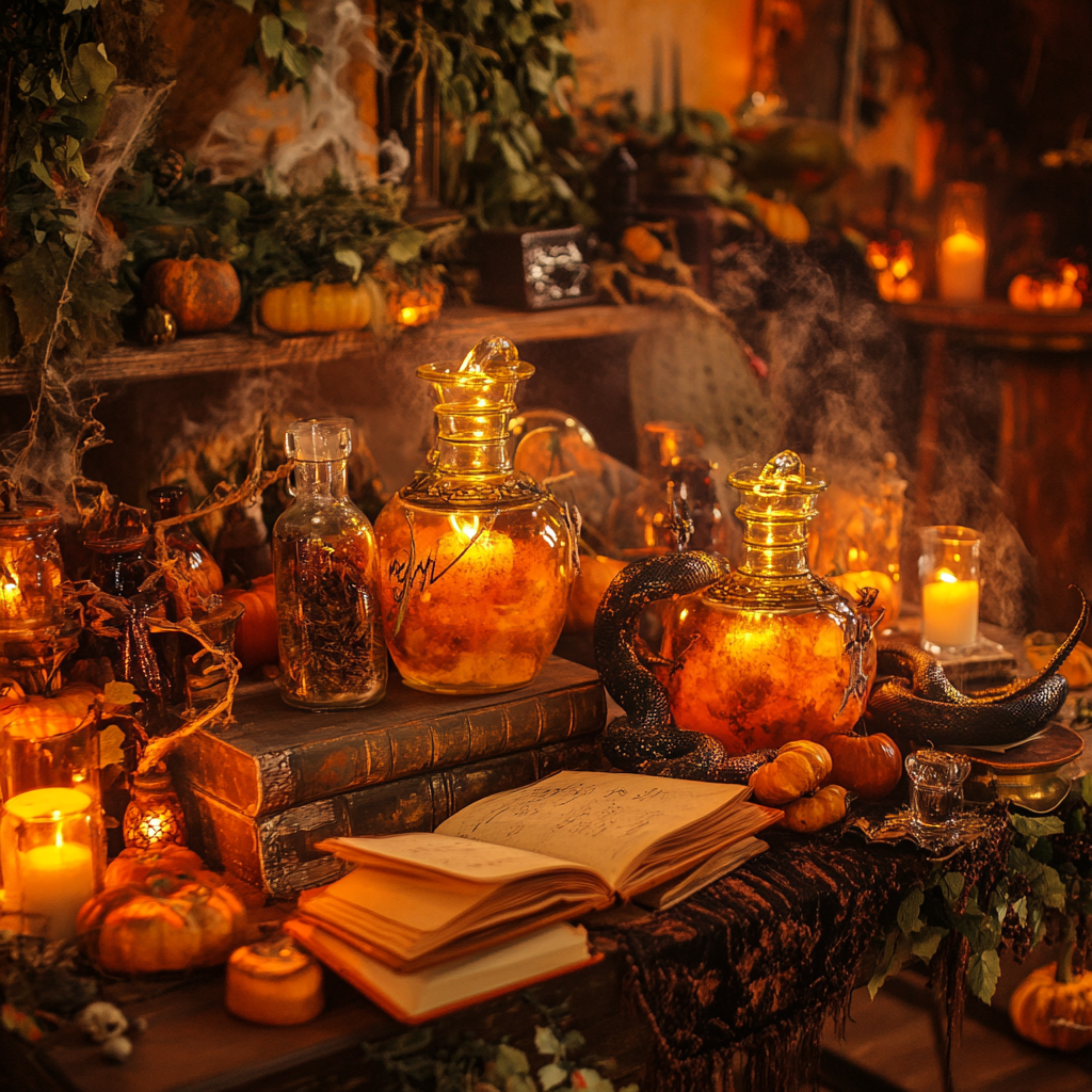 Indoor Halloween party themed as witch's lair in Salem.