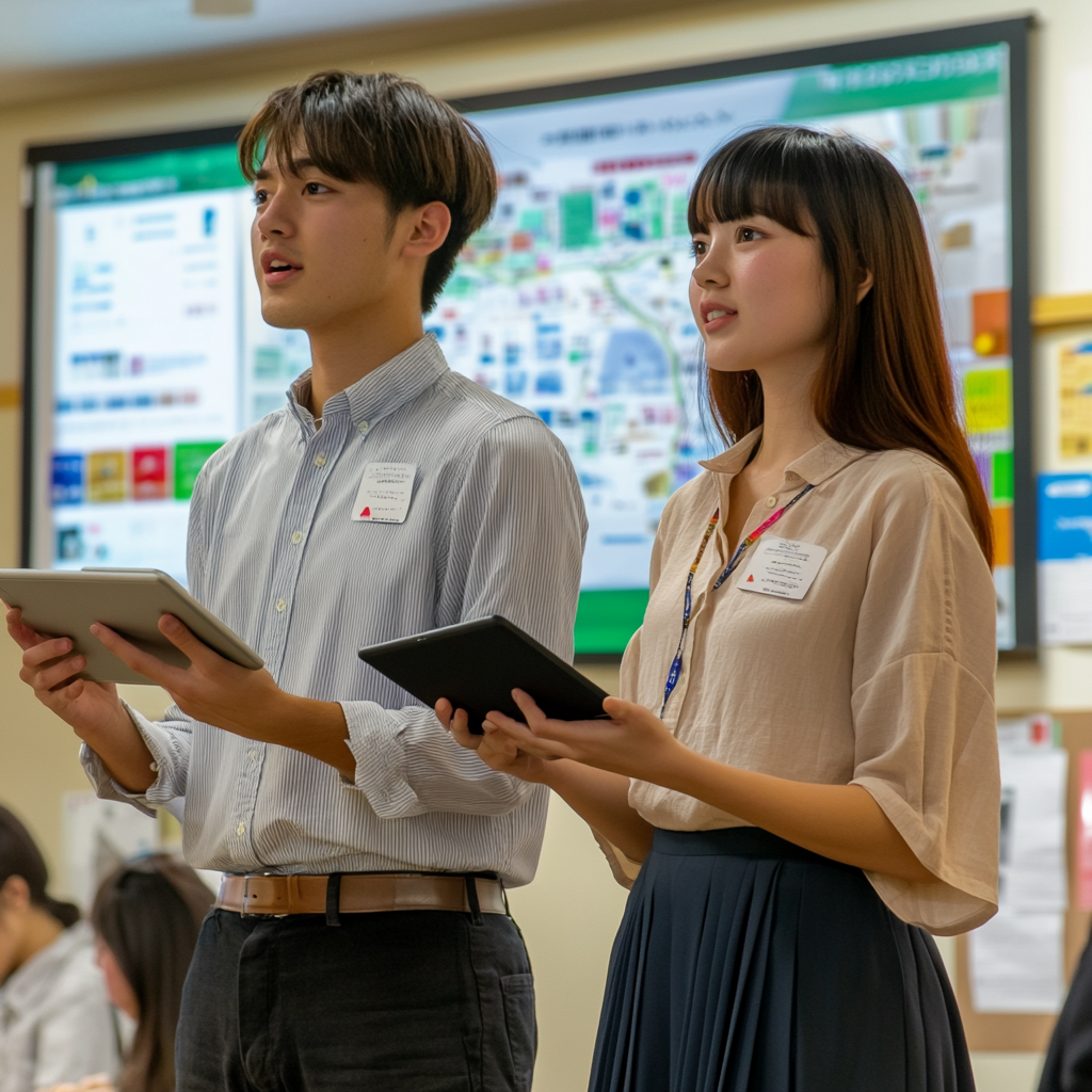 Indoor event showcasing Japan's regional revitalization with presentation.