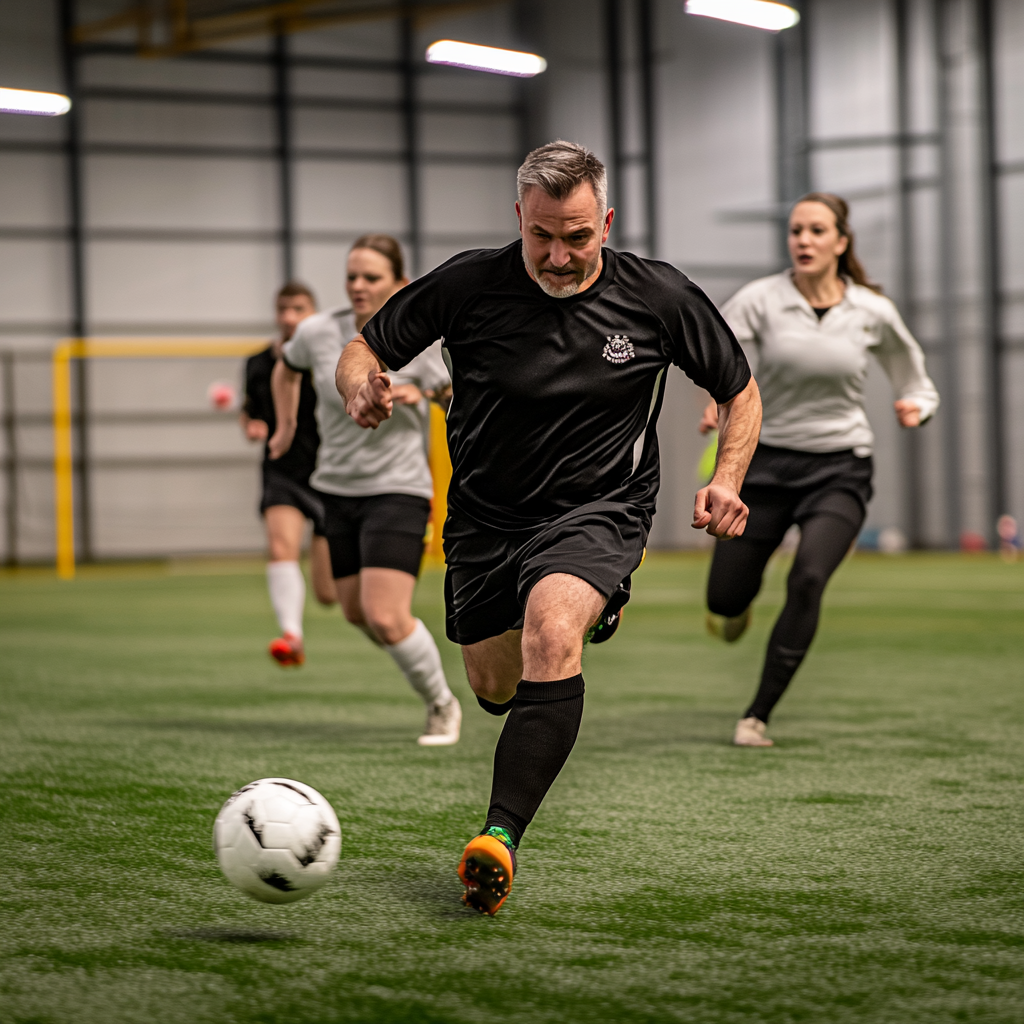 Indoor match with 30-year-old men, 2 teams, synthetic grass.