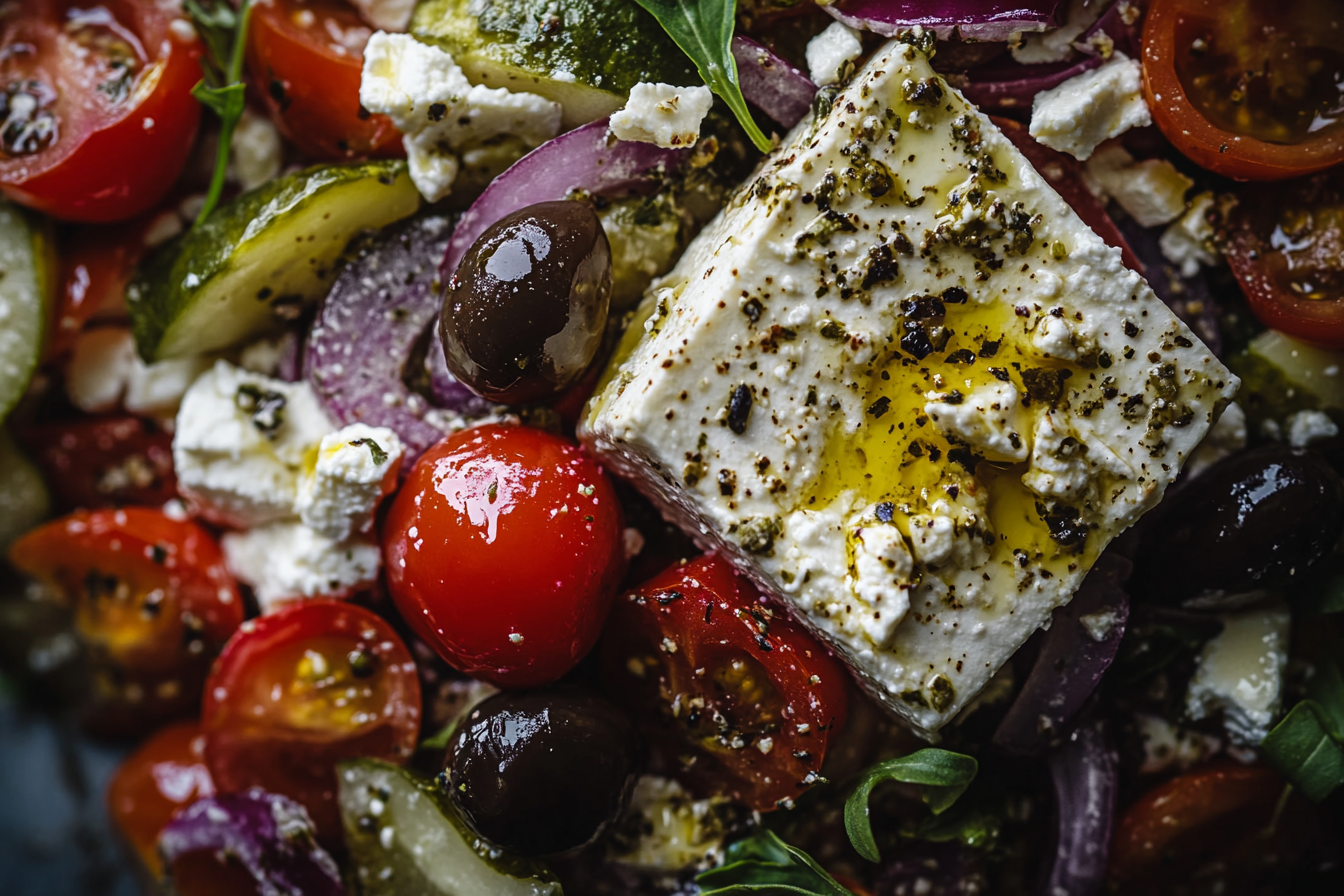 Indulgent Greek Salad in dramatic lighting from top view.