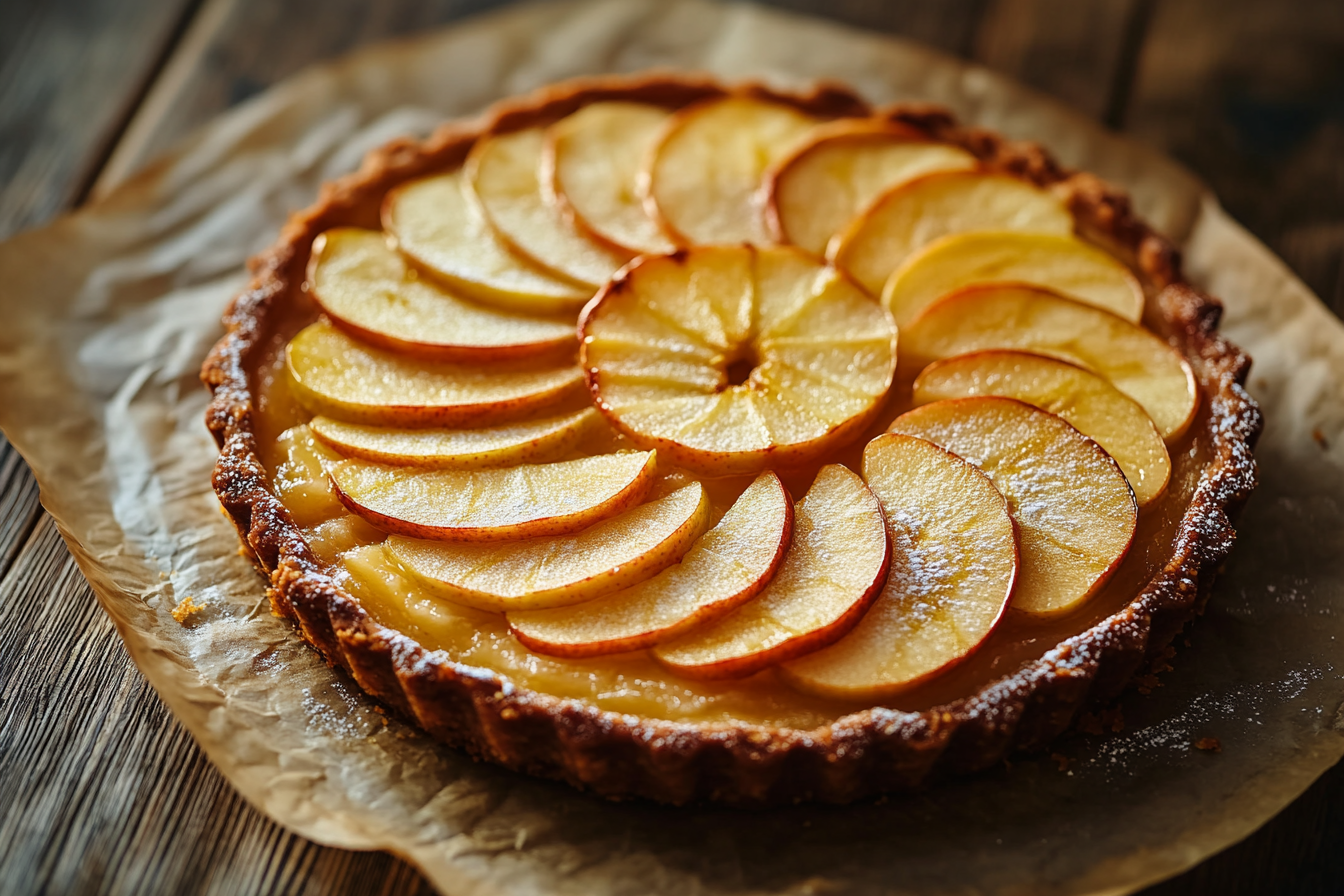 Indulgent apple tart with sliced apples and sugar swirls