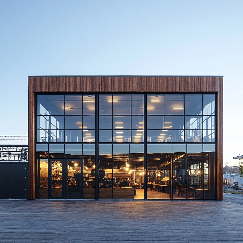 Industrial Hall Office with Wood, Glass, Aluminium Facade