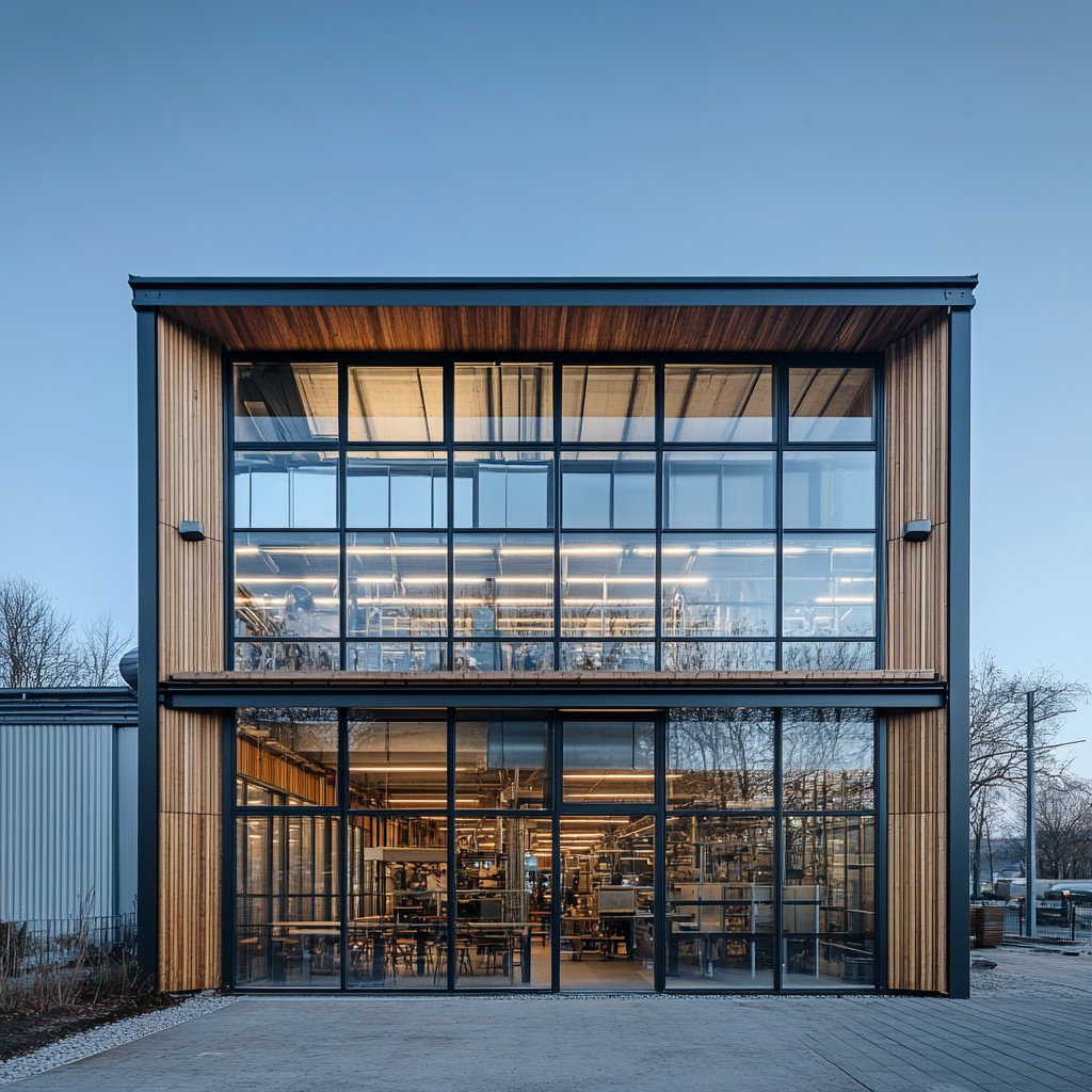 Industrial Office with Glass, Wood, and Aluminium Facade 