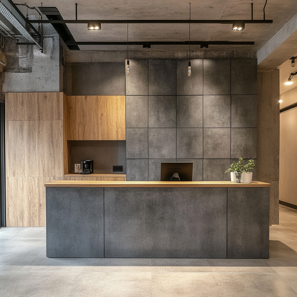 Industrial Style Foyer with Concrete Kitchen Design