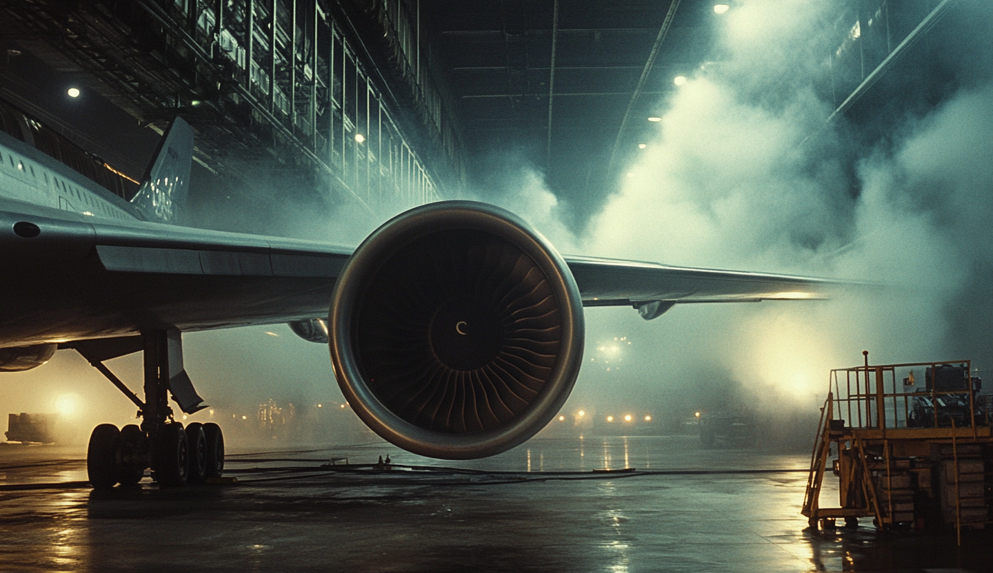 Industrial airplane turbine engine testing in cavernous hangar.