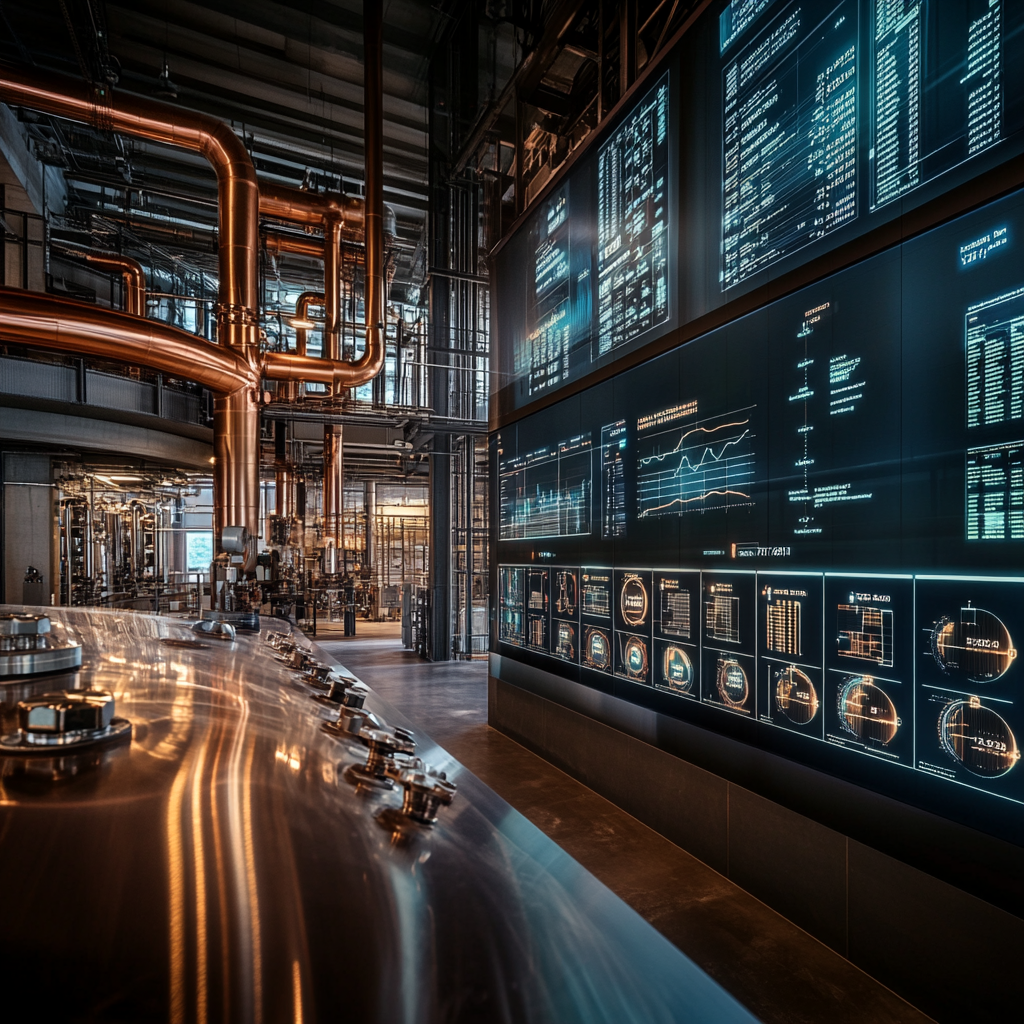 Industrial control room with data analytics and machinery