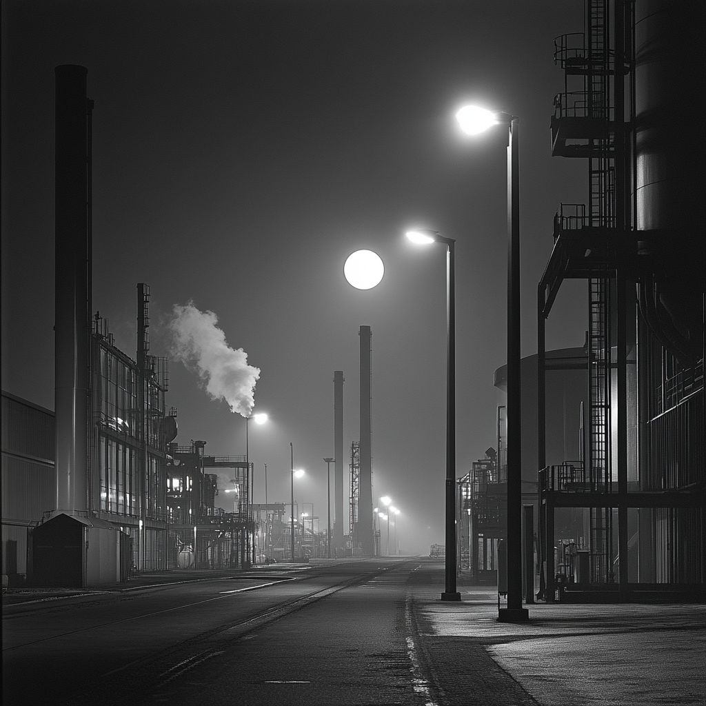 Industrial landscape at night, moon behind thick clouds. Salt, oil, diesel smell in cool breeze.