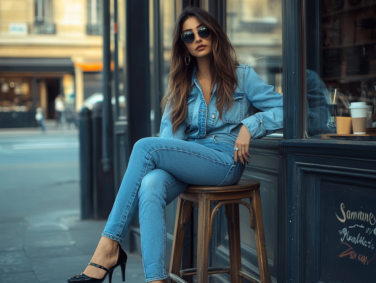 Influencer Emane Zami in Paris, denim outfit, sunglasses.