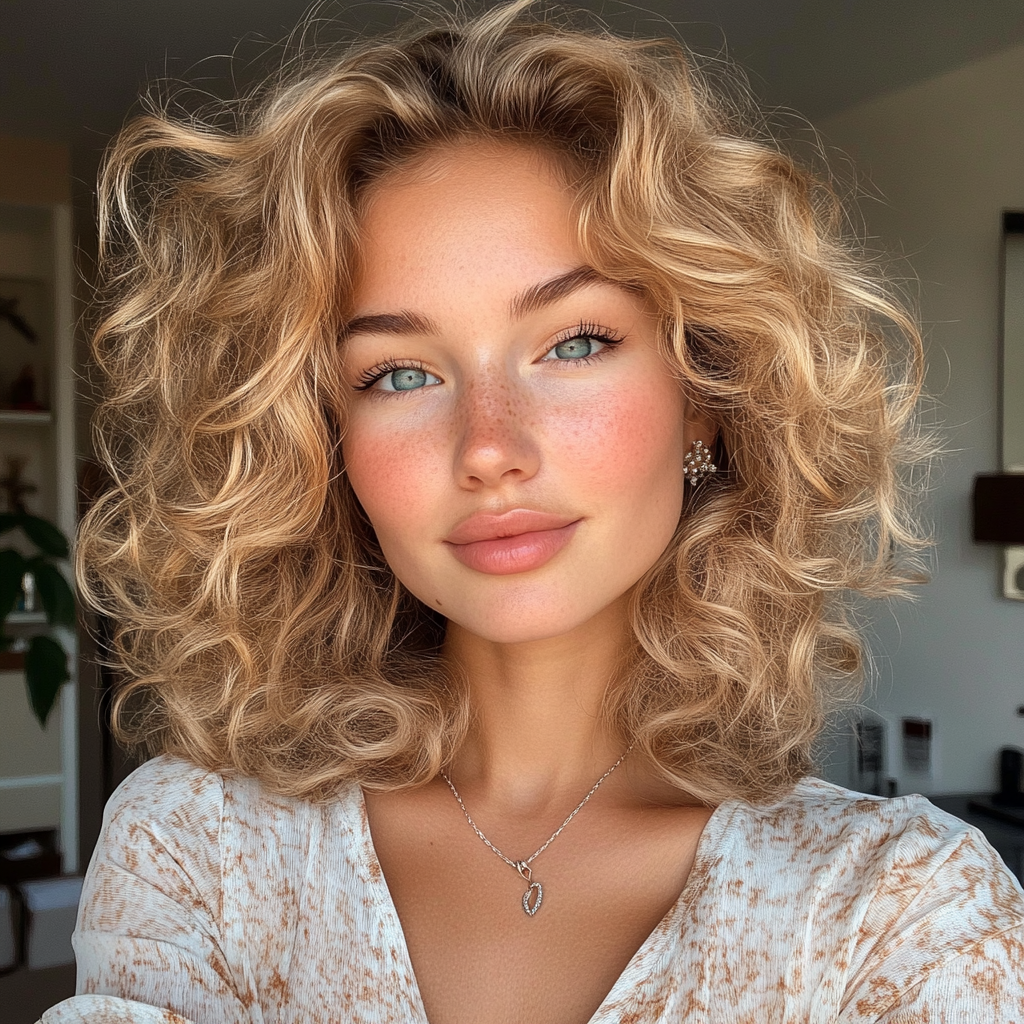 Influencer with curly blonde hair takes stylish selfie pose.