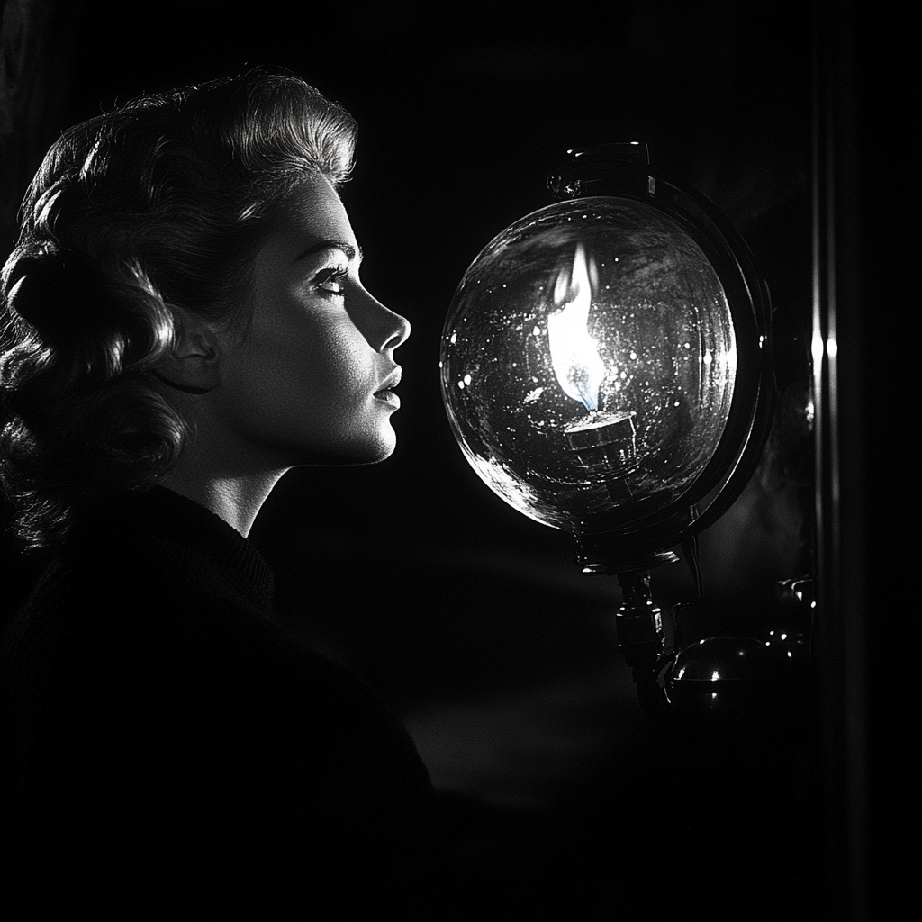 Ingrid Bergman gazes at gaslight in movie set.