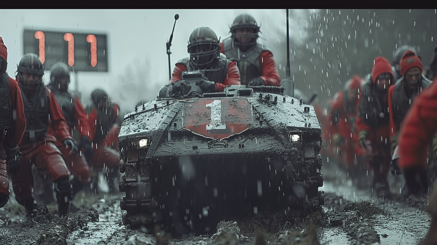 Injured NFL players on dark, rainy field with tank.