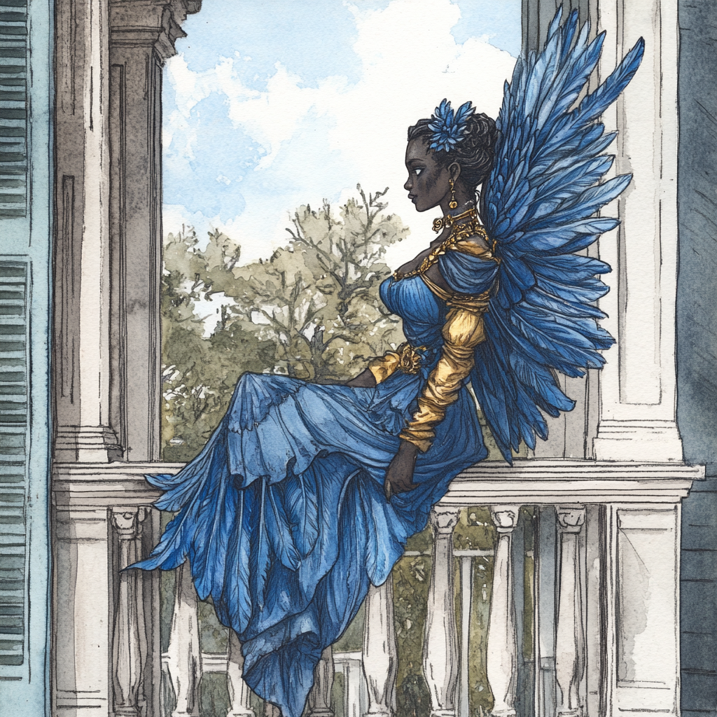 Ink Drawing of Dark-Skinned Harpy Southern Belle Woman