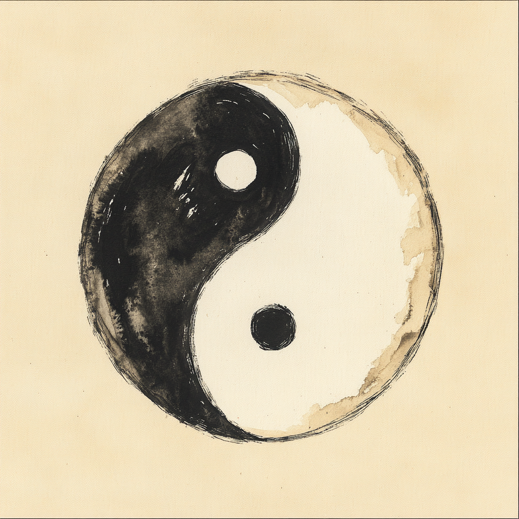 Ink wash yin-yang symbol with flowing brush strokes.