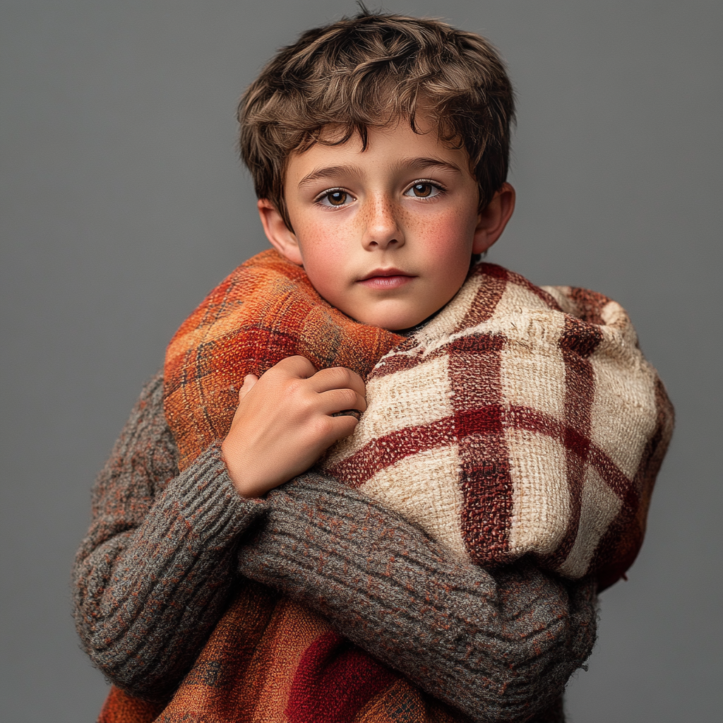 Innocent boy with blanket in a studio portrait.