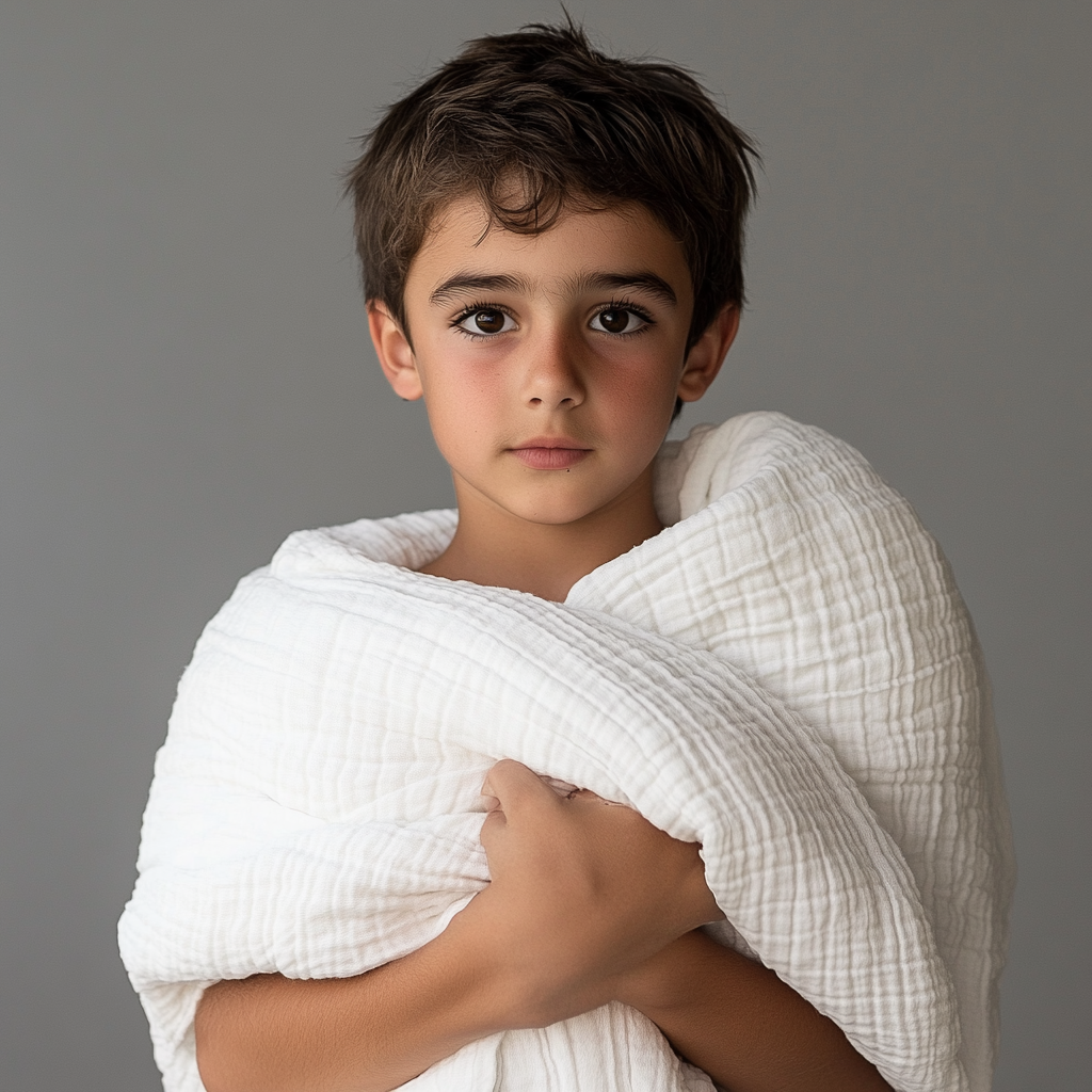 Innocent boy with white blanket in high resolution