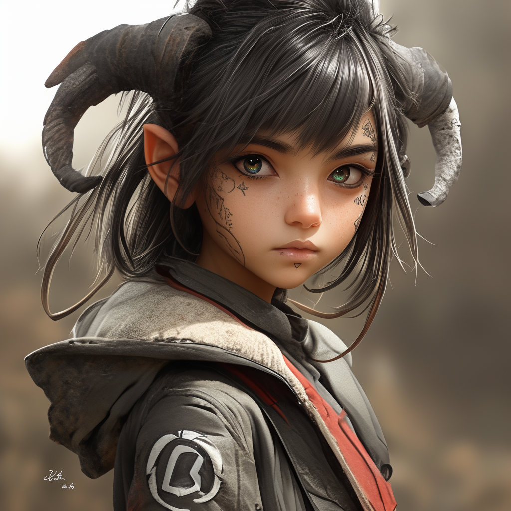 Innocent girl with onyx eyes, small horns, magic aura.