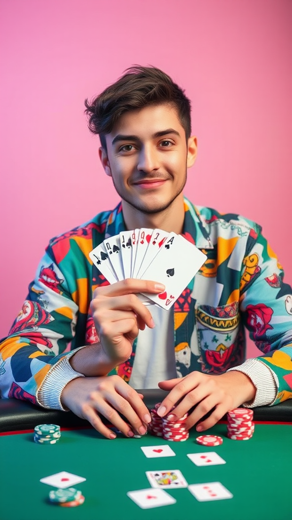 Innocent young man plays poker in trendy outfit.