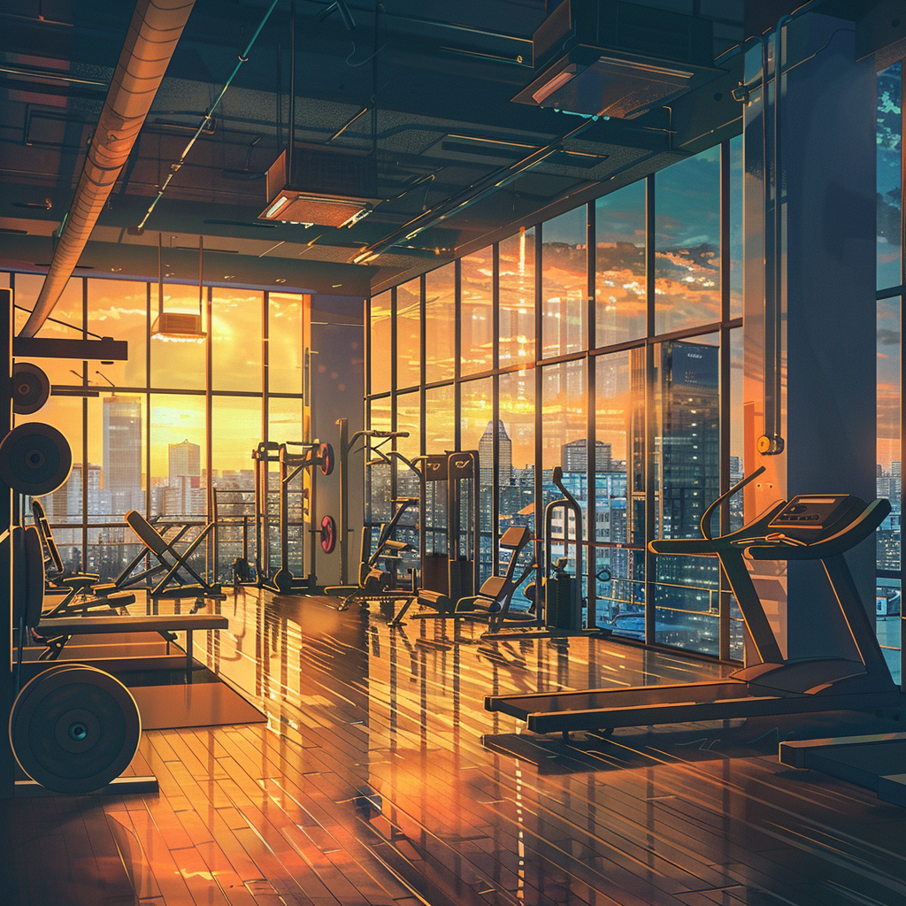 Inside a gym overlooking the city