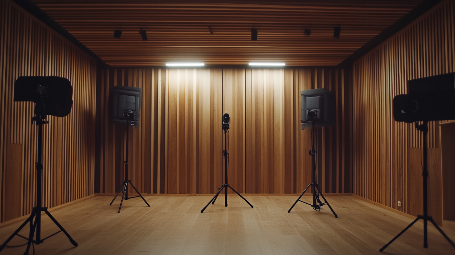 Inside a modern podcast studio with moody lighting.