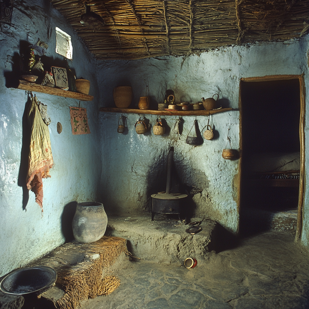 Inside a small Indian village hut, cramped space