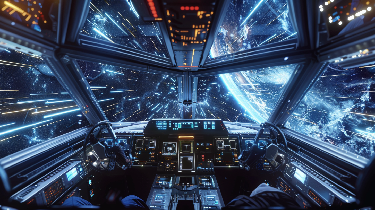 Inside a spaceship cockpit, we see digital dashboards.