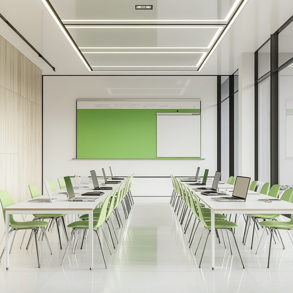 Inside modern meeting room for young people, white tones.