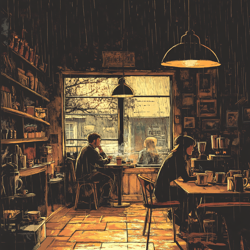 Inside the charming coffee shop on a rainy day