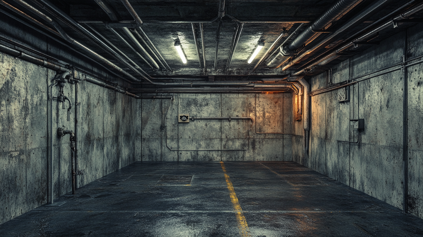 Inside underground bunker with pipes, cables, clean, empty.