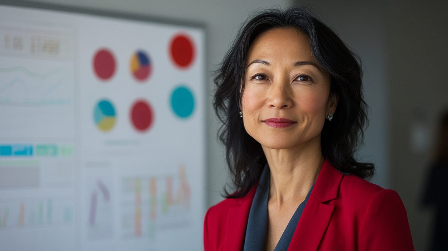 Insightful Asian businesswoman analyzing data on whiteboard. Smiling.