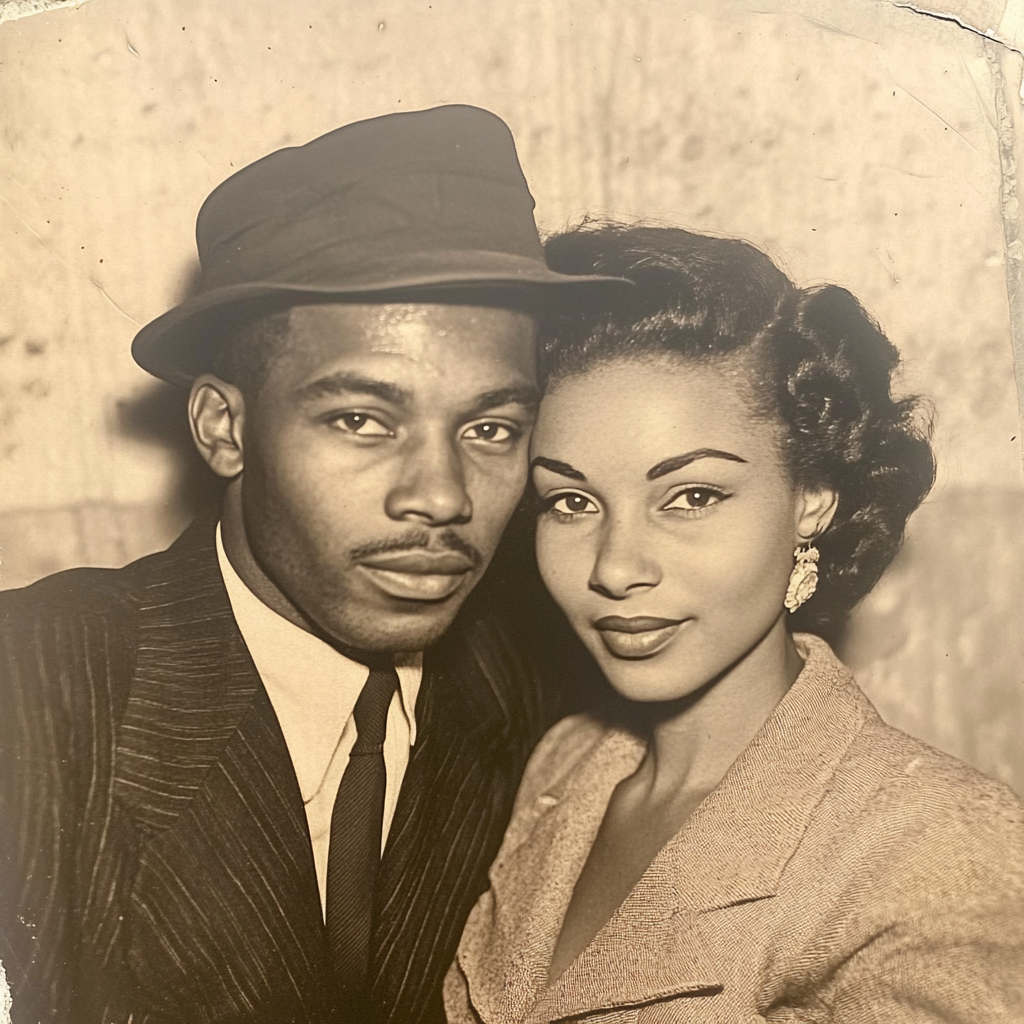 Intelligent mixed race couple in 1940s clothing pose.