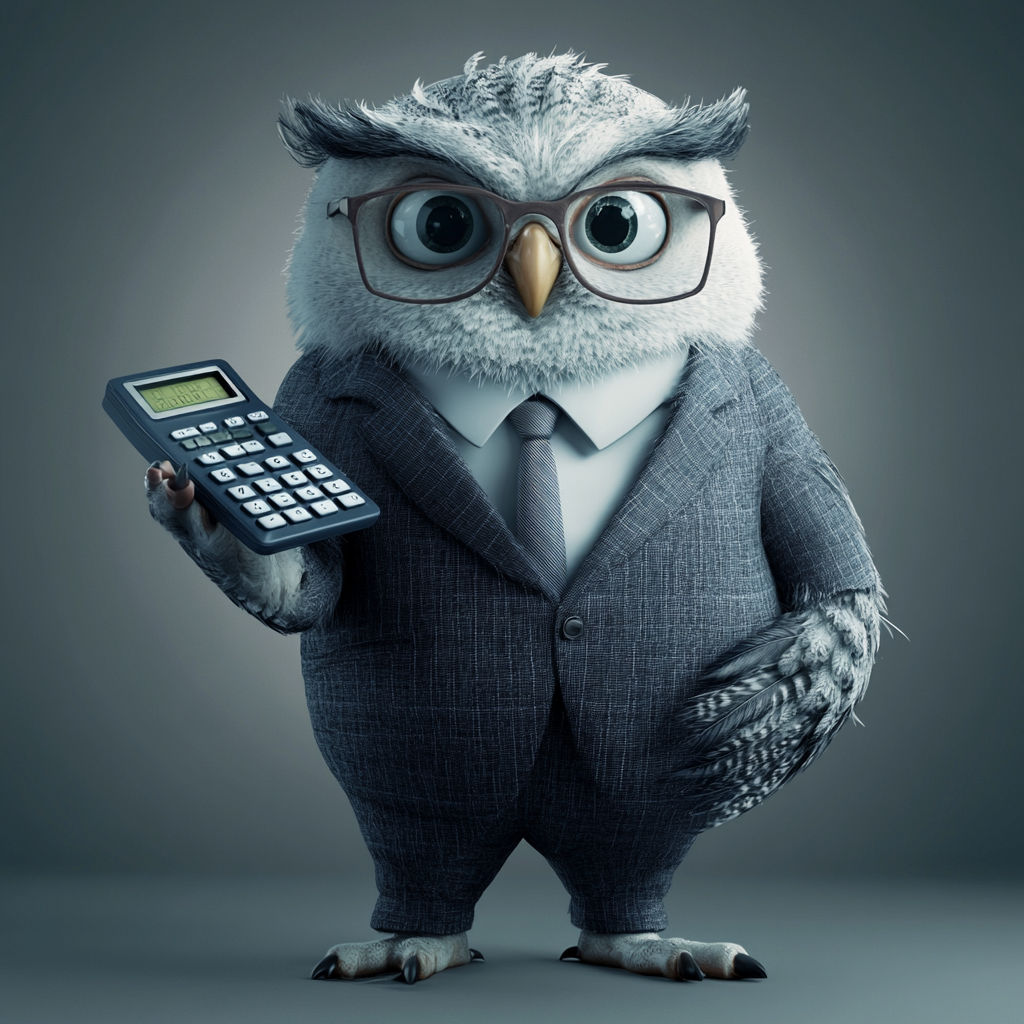 Intelligent owl in suit with calculator, symbolizing expertise.