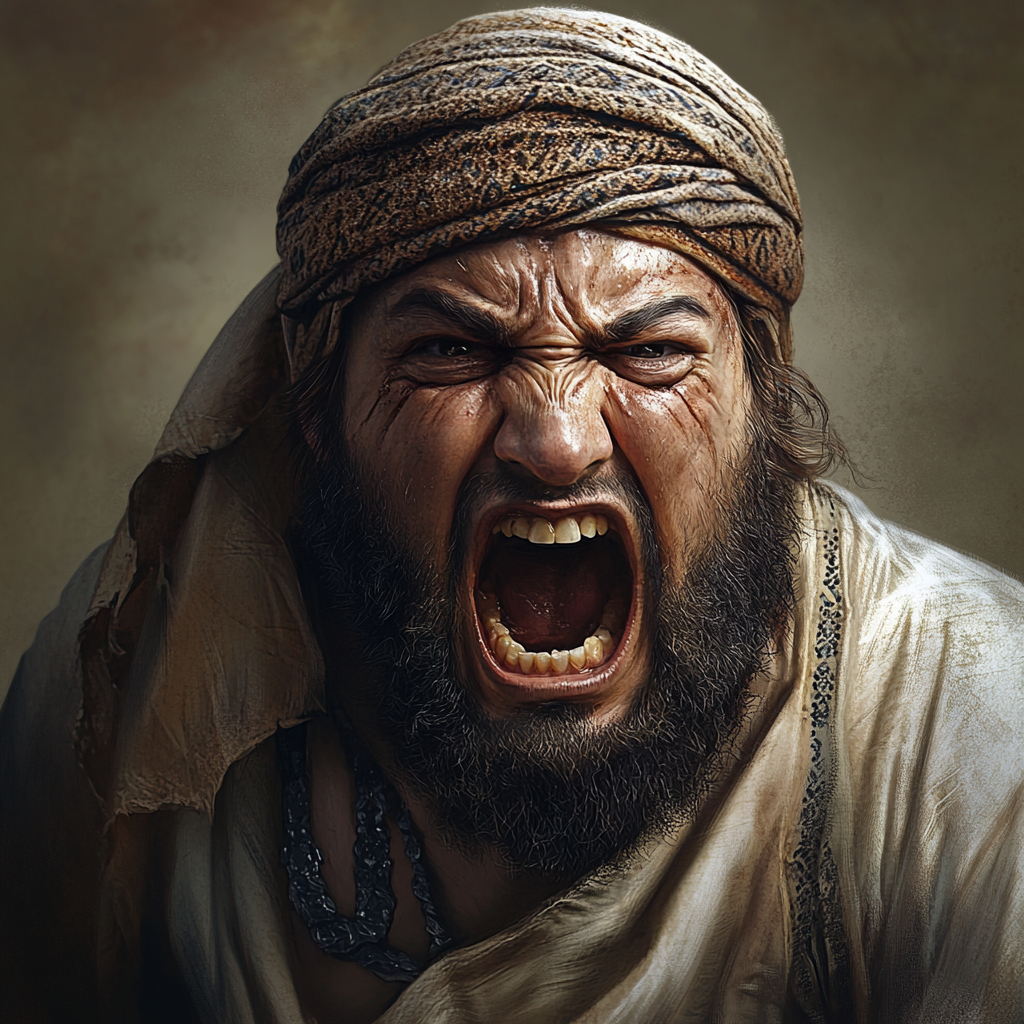 Intense Arab man in traditional attire shouting angrily.