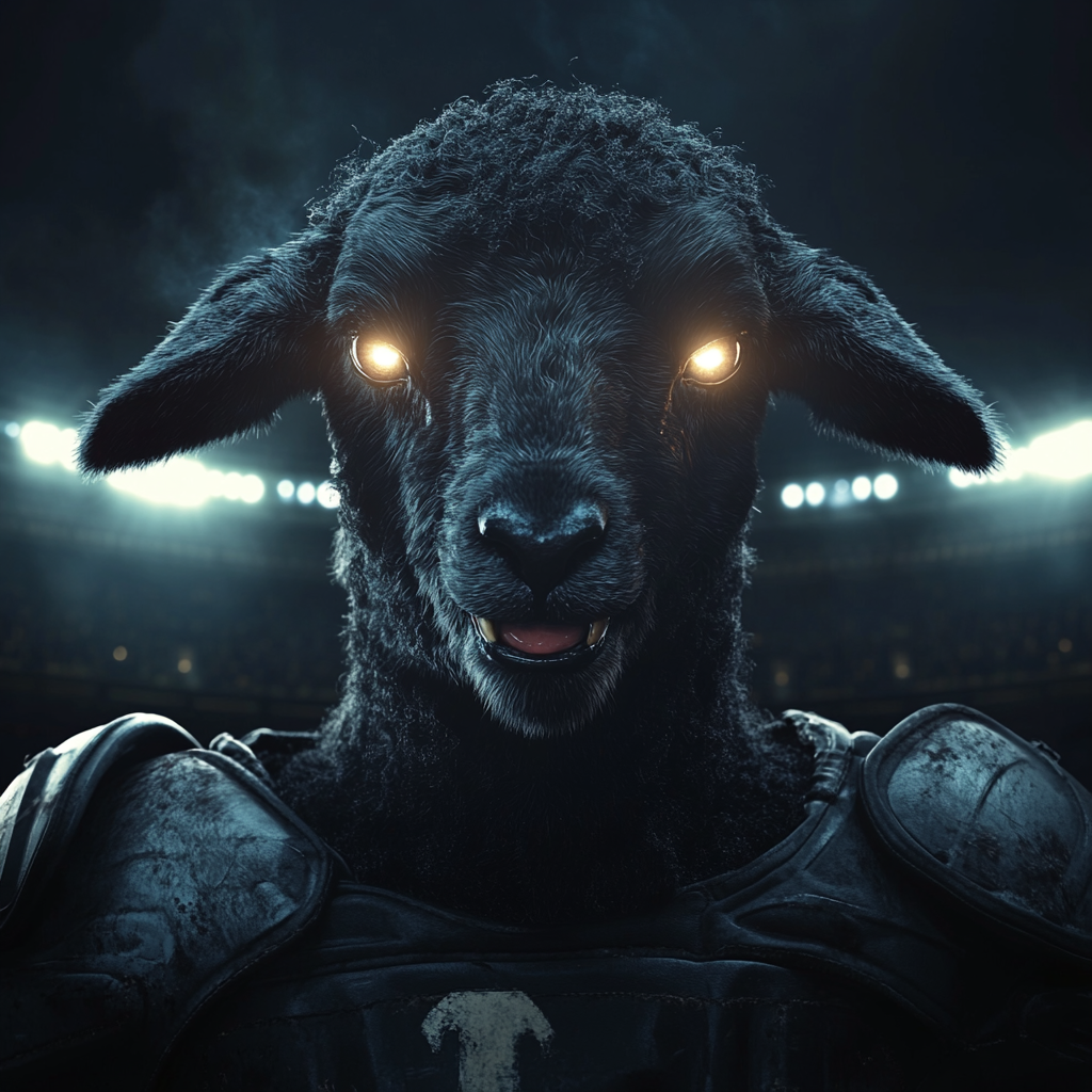 Intense Black Lamb in Football Pads Under Stadium Lights